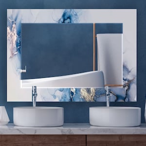 Asymmetrical Tempered Glass Wall Mirror: Modern Blue & Gold Decor