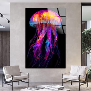 Neon Jellyfish Glass Wall Art: Vibrant Deep Sea Decor