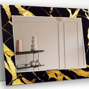 Espejo de pared de vidrio templado para baño, redondo, dorado, de mármol dorado, negro, circular, dorado y negro.