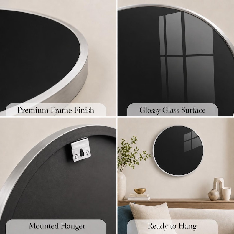 The image is a collage of four photos showcasing different types of wall hangings, including a premium frame finish, a glossy glass surface, a mounted hanger, and a ready-to-hang design.
