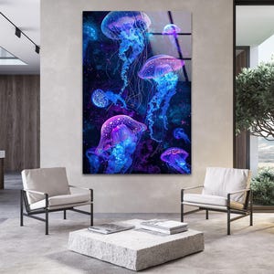 Jellyfish Tempered Glass Wall Art: Modern Aquarium Print