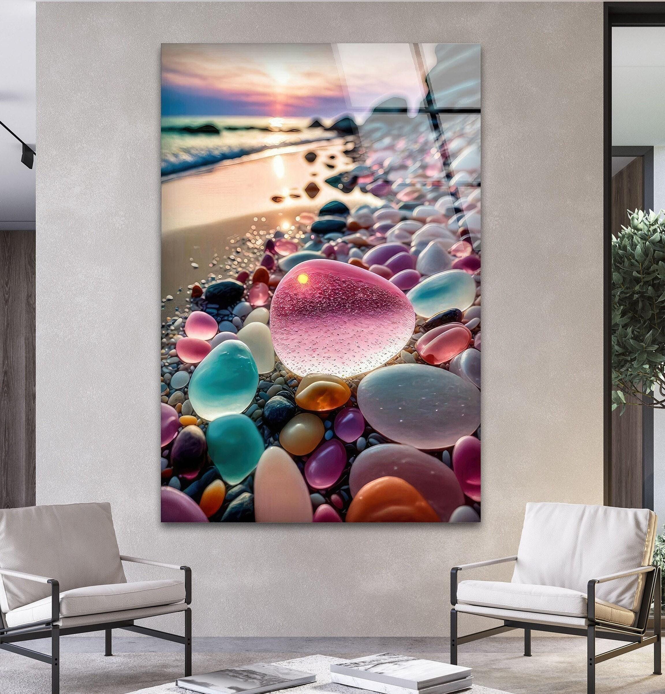 Colorful Sea Glass Tempered Glass Wall Art, Beach Pebbles at