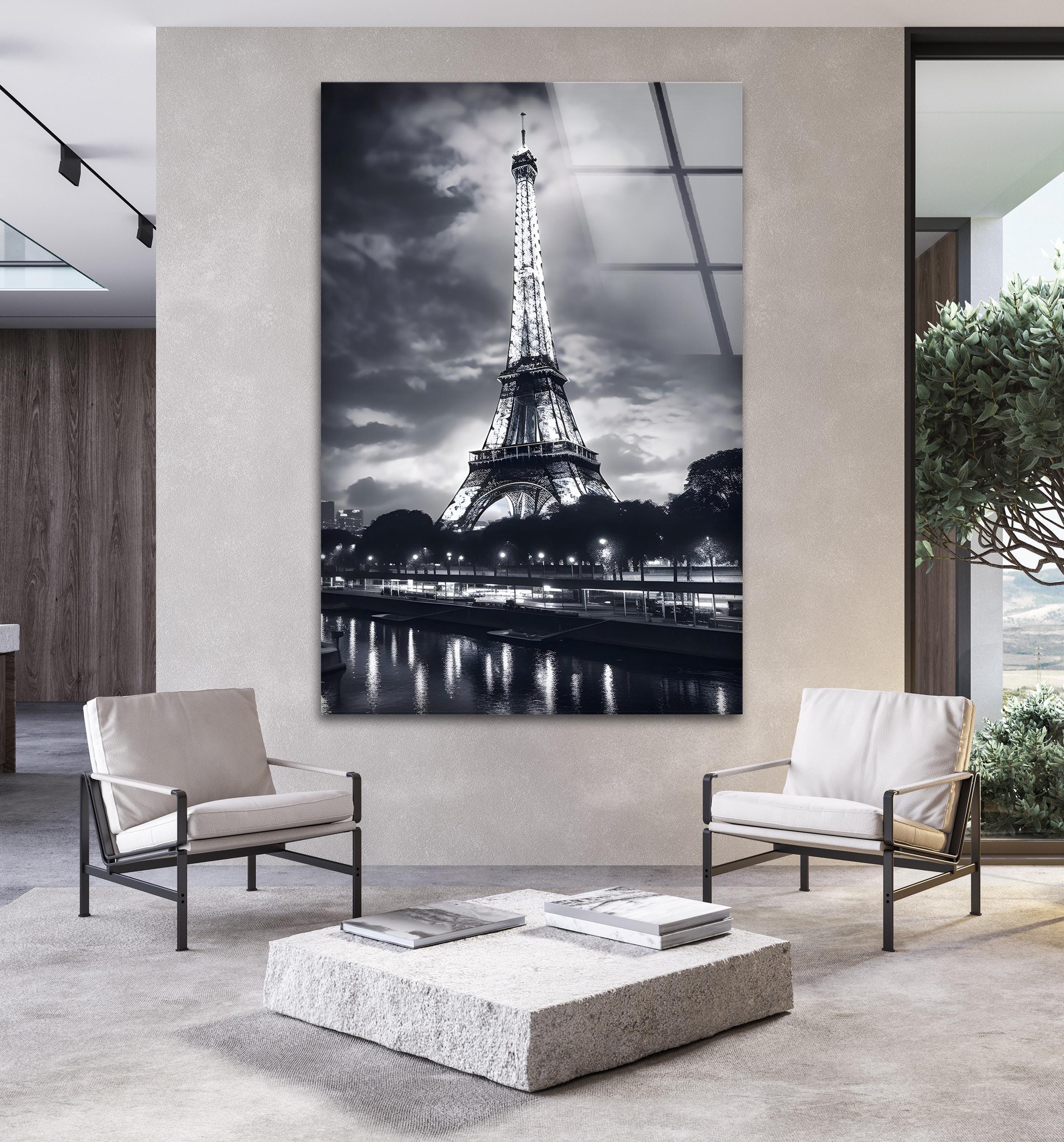 エッフェル塔の夜景を描いたガラス製ウォールアート、白黒のパリの