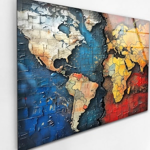 Cuadro de pared de cristal con mapa del mundo texturizado, continentes coloridos, decoración moderna para oficinas.