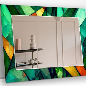 Asymmetrical Tempered Glass Wall Mirror: Green Stained Glass Decor