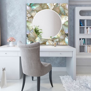 Large rectangular glass mirror with shimmering pearl frame design
