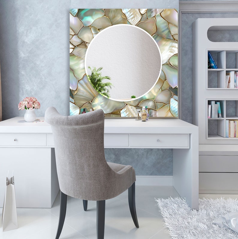 Large rectangular glass mirror with shimmering pearl frame design