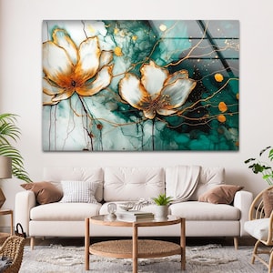 Tempered Glass Art, Glass Printing, Tempered Glass Wall Art, Luxury Golden Flower Abstract Art, Abstract Wall Art, Flower , glass art prints