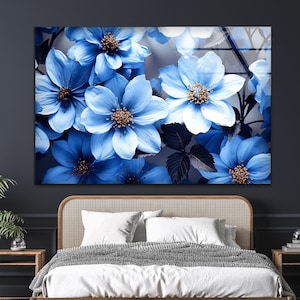 Arte mural de vidrio templado con flores azules: Decoración floral moderna