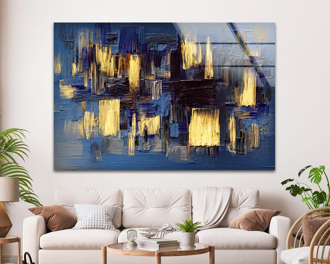 Blue Gold Abstract Glass Wall Art, City Lights Design - Etsy