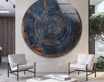 Cuadro de pared redondo de vidrio templado con diseño de anillos de árbol, decoración rústica con impresión en madera y vidrio.