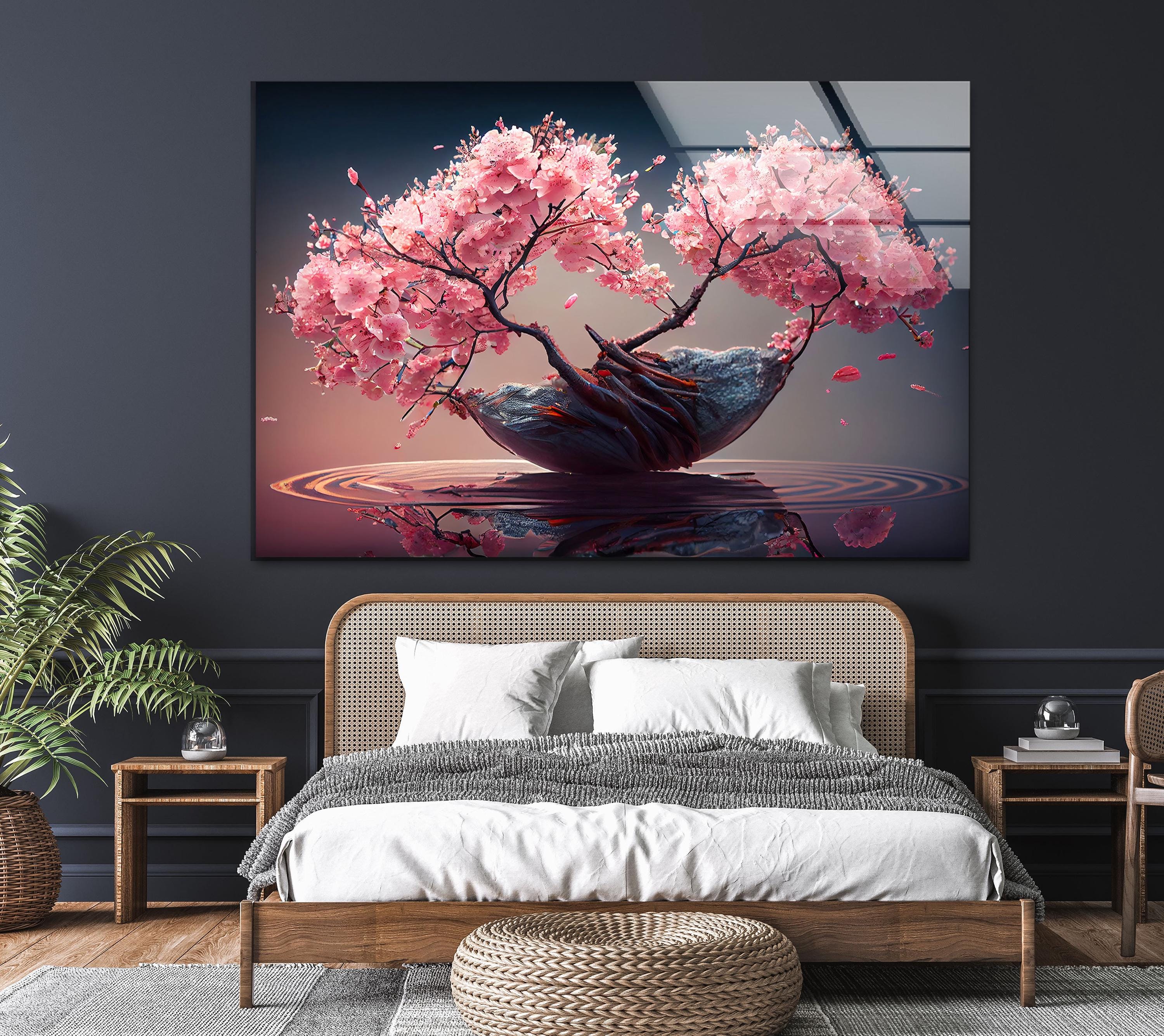 Pink Cherry Blossom Bonsai Glass Wall Art – Twin Trees on Water