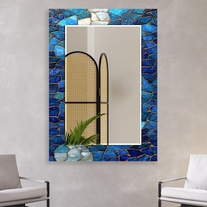 Asymmetrical Tempered Glass Wall Mirror: Modern Blue Accent Decor