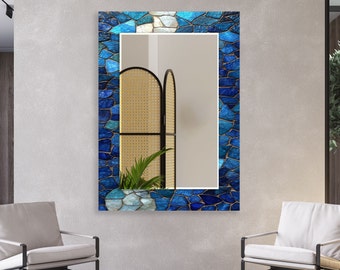 Tempered Glass Mirror Wall Decor for Bathroom Mirror-Entryway Wall Mirror-Circle Mirror-Vanity Mirror-Blue Mosaic Mirror-Stained Mirror