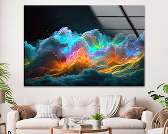 Rainbow Cloud Tempered Glass Wall Art, Neon Storm Sky Panel in Blue Teal Orange, Modern Colorful Wall Decor for Living Room