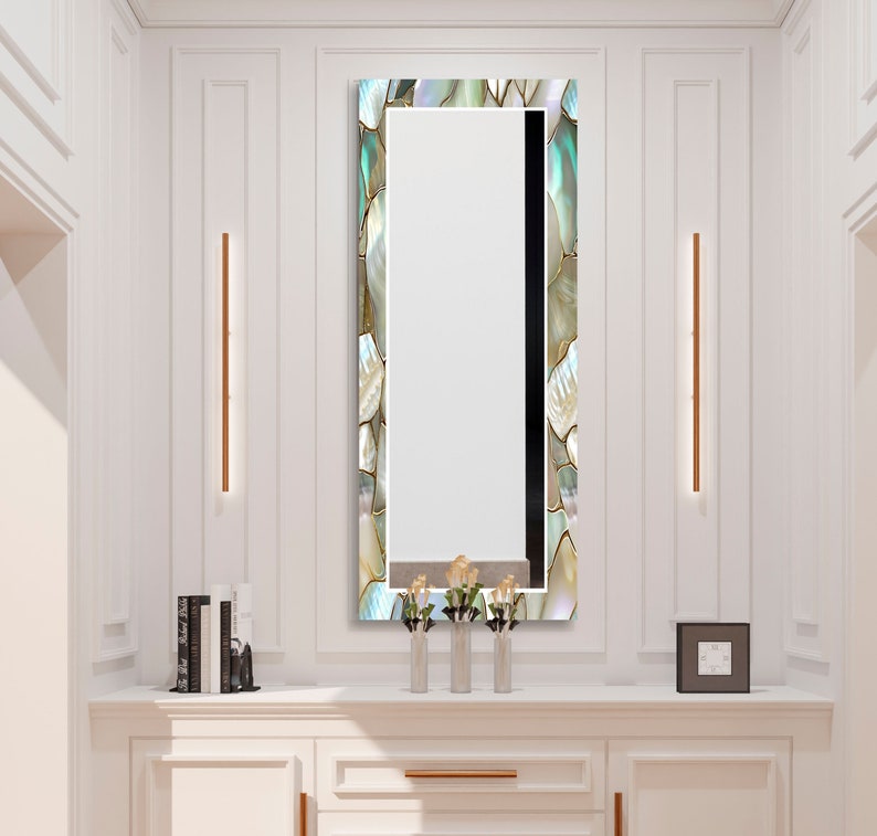 Unique tempered glass mirror with glowing pearl finish on the edges
