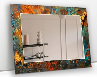 Tempered Glass Mirror Wall Decor for Bathroom Mirror-Entryway Wall Mirror-Circle Mirror-Vanity Mirror-Blue Copper Mirror-Stained Mirror