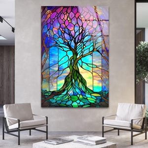 Árbol de vitral, arte mural de vidrio, arte mural moderno, arte mural único, arte mural grande, decoración del hogar, regalo para ella, regalo de inauguración de casa