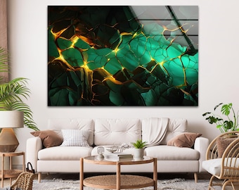 Emerald Gold Abstract Glass Wall Art, Geometric Glow Design