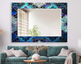 Blue Tempered Glass Wall Mirror: Modern Mosaic Tile Decor