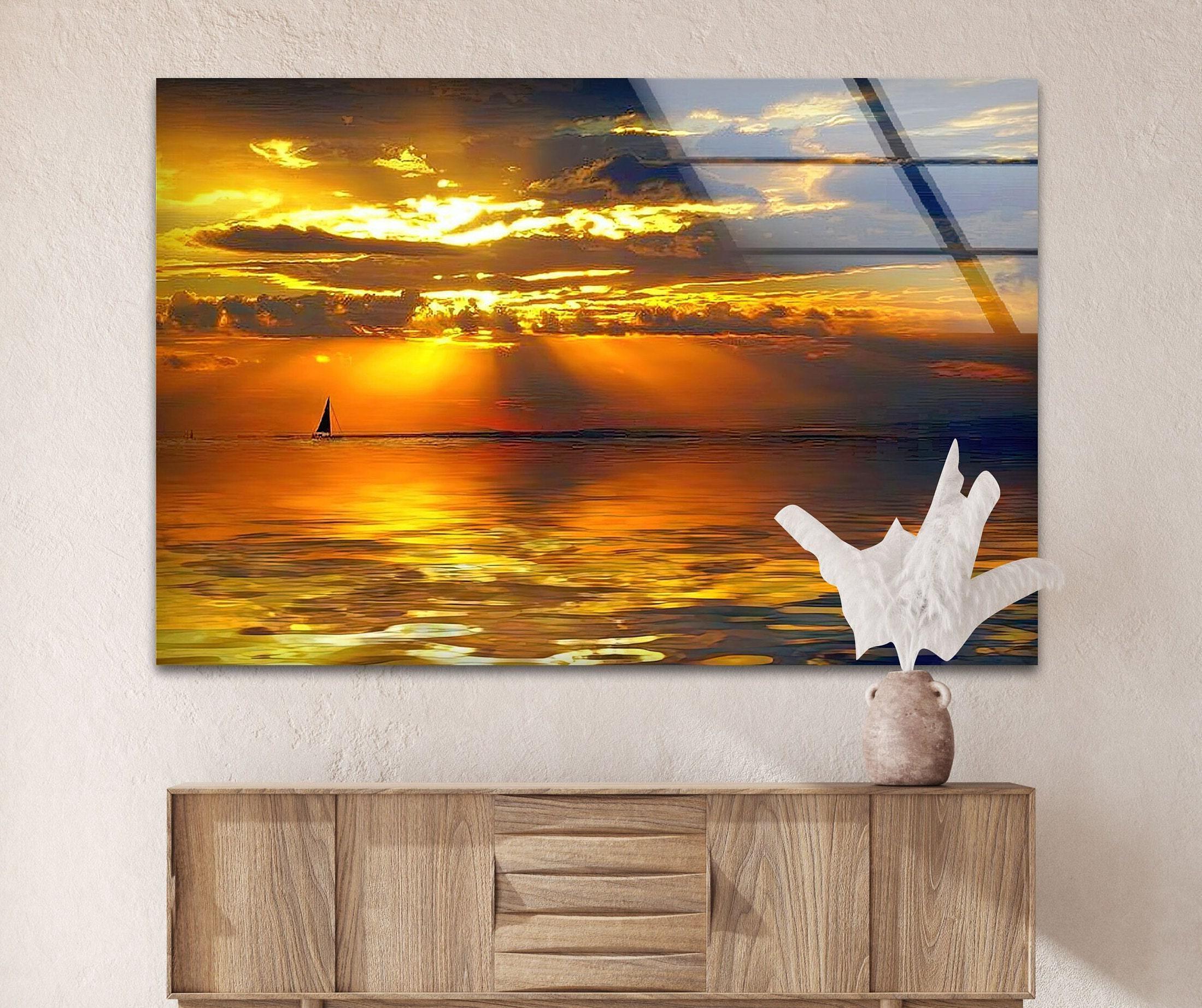 Golden Sunrays Ocean Glass Wall Art, Dramatic Light Beams Sunset