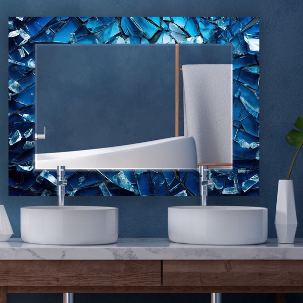 Tempered Glass Mirror Wall Decor for Blue Bathroom Mirror-Blue Stained Wall Mirror-Framed Mirror-Vanity Mirror-Mosaic Mirror-Bedroom Mirror