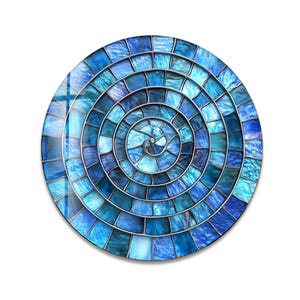 Blauwe spiraal mozaïek kunst aan de muur gehard glas, op de oceaan geïnspireerde abstracte glas-in-lood print decor
