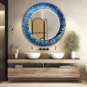 Blue Mosaic Glass Mirror, Tempered glass art Wall Mirror, Tempered glass wall mirror, Blue bathroom wall mirror, Round wall mirror