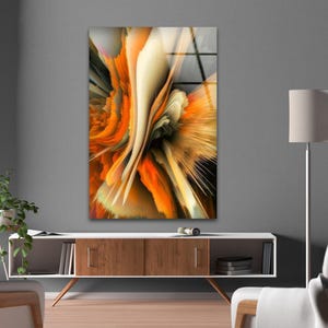 Arte de pared de vidrio templado abstracto en naranja y negro, panel moderno y llamativo, decoración contemporánea para sala de estar y dormitorio.