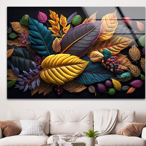 Florale Wandkunst aus gehärtetem Glas, botanische Blattdruck, Glaswandkunst