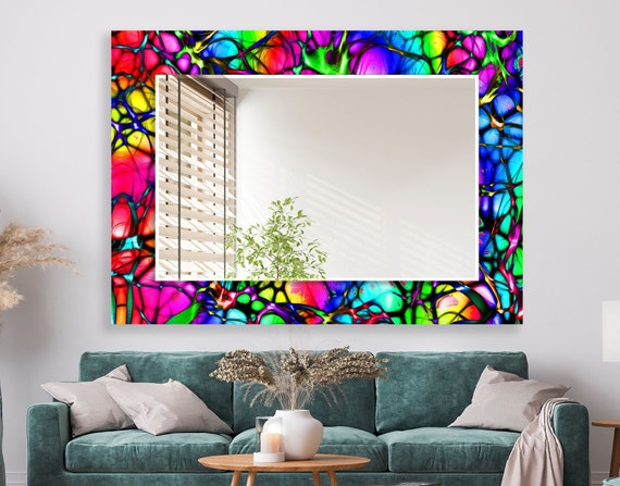 My  Specchio da parete in vetro temperato 60 x 109 cm ( verticale) specchio da parete grande onde blu specchio decorativo oceano specchio da parete smussato specchio irregolare specchio