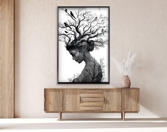 Surreal Woman Glass Wall Art, Black and White Tree Hair Portrait with Birds, Fantasy Nature Decor, Vertical Tempered Glass Art