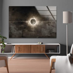 Cuadro de pared de cristal con diseño de eclipse solar, arte de pared moderno, arte de pared único, arte de pared grande, decoración del hogar, regalo para ella, regalo de inauguración de casa