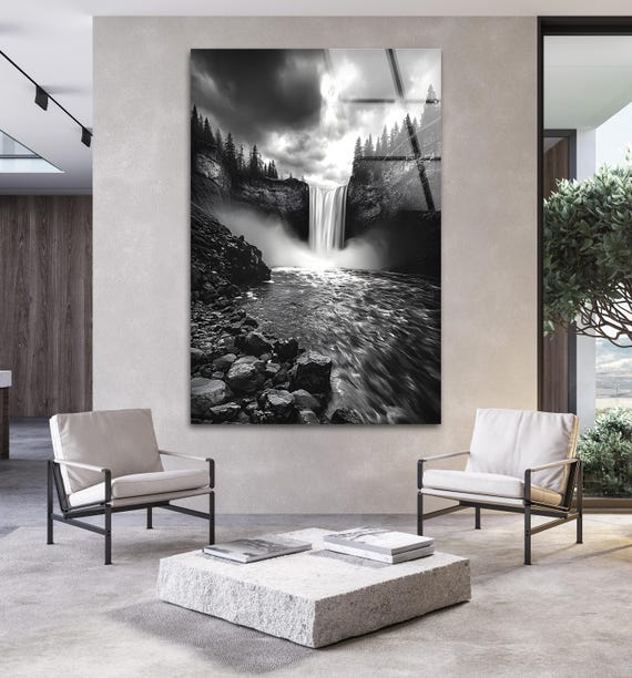 Black and White Waterfall Glass Wall Art, Dramatic Forest River