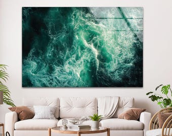 Emerald Wave Glass Wall Art, Modern Wall Art, Unique Wall Art, Large Wall Art, Home Decor, Gift for Her, Housewarming Gift