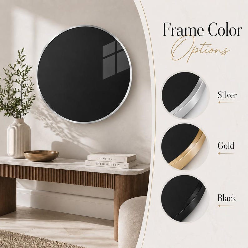 a modern living room with a large round mirror on the wall, a wooden console table with decorative items, and a potted plant. The mirror has a black frame, and there are four different color options listed below it: silver, gold, black, and black.