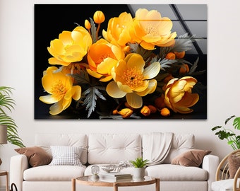 Tempered Glass Art-Glass Printing Art-Tempered Glass Wall Art-Glass Wall Decor-Floral Decor-Yellow Flower Wall Art-Abstract Flower Art