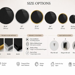 The image is a size options diagram for various framed glass options, including gold, silver, black, and black framed glass. It provides information about the frame color options, product features, and installation instructions for each size option.