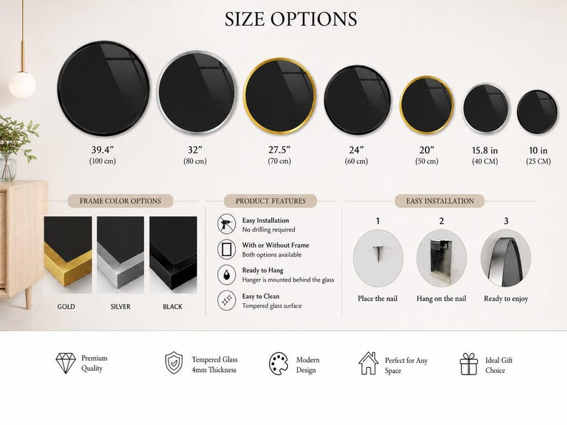 The image is a size options diagram for various framed glass options, including gold, silver, black, and black framed glass. It provides information about the frame color options, product features, and installation instructions for each size option.