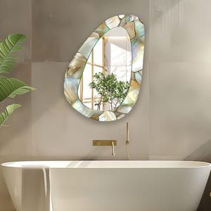 Neutral Shell Mosaic Asymmetrical Wall Mirror, Irregular Modern Statement Mirror Wall Decor, Elegant Entryway Bathroom Mirror