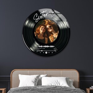 Custom Vinyl Record Glass Table, Sister Bond Art, Personalized Music, Heartfelt Gift for Sisters, Round Tempered Glass Table