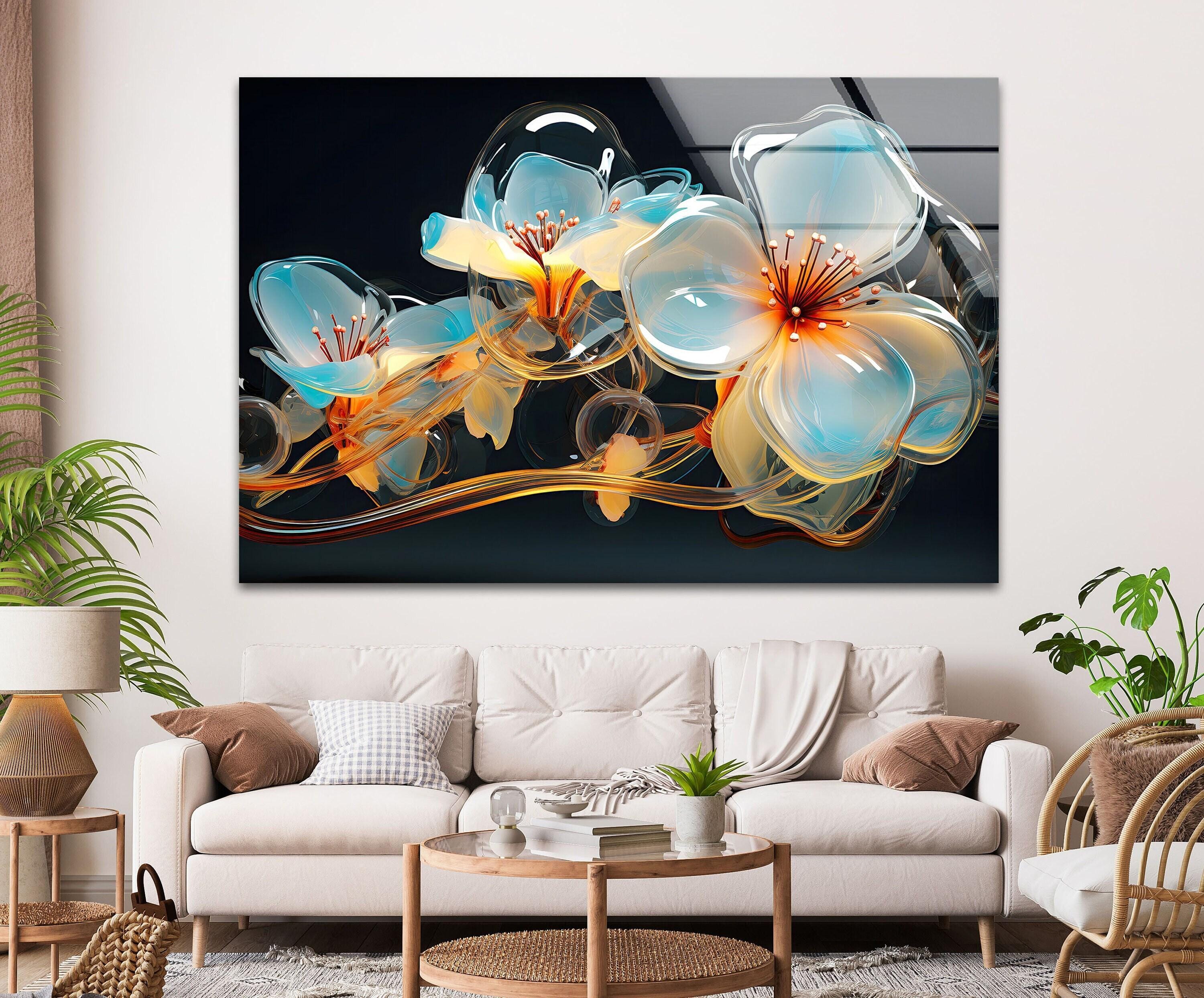 Aqua Crystal Flower Glass Wall Art, Blue and Orange Floral Artwork