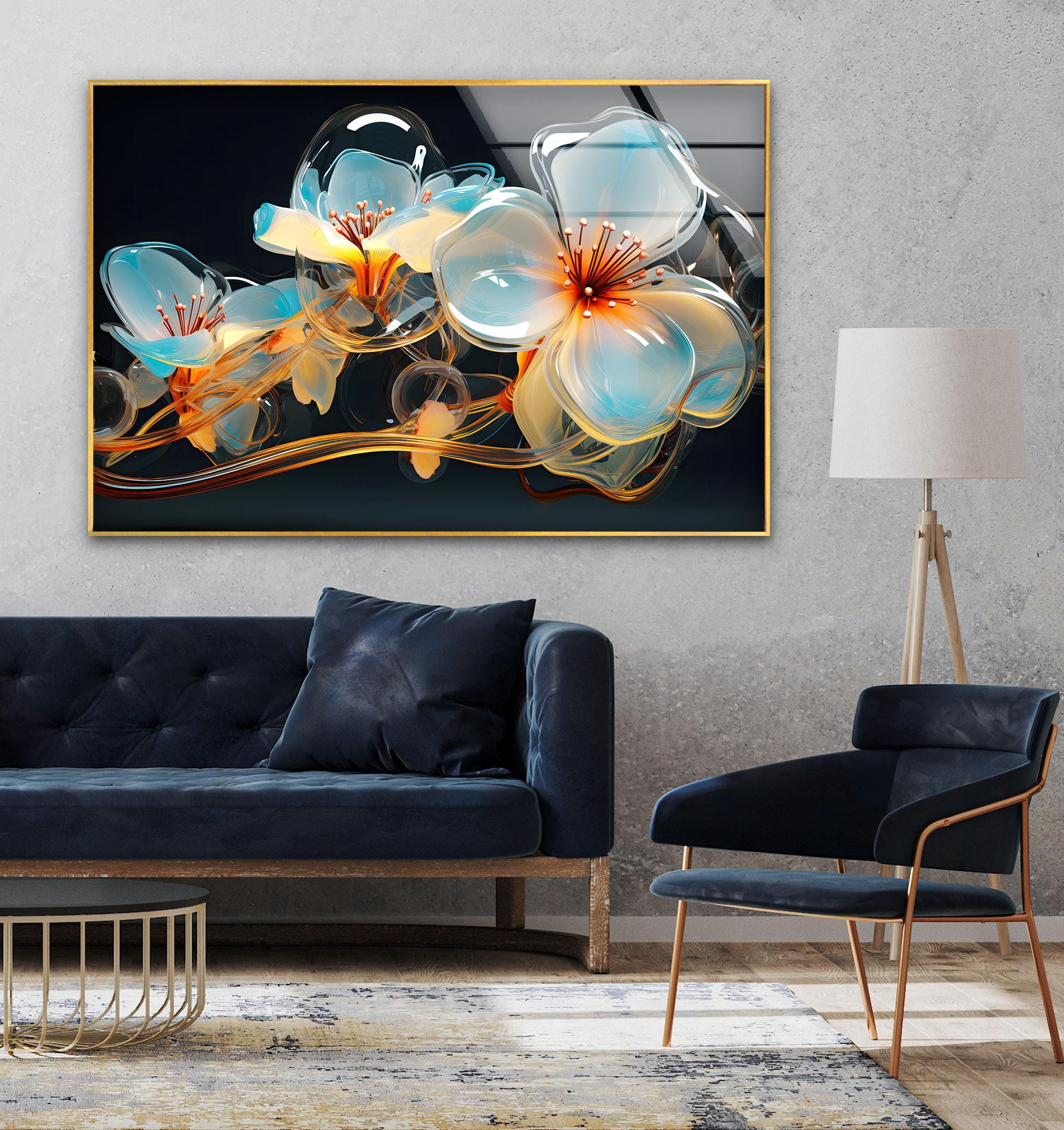 スカイ・クロラ　クリスタルアートワークス　散花 Aqua Crystal Flower Glass Wall Art, Blue and Orange Floral Artwork