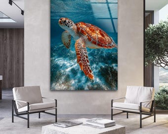 Muurkunst van gehard glas zeeschildpad – Decor onderwater zeeleven