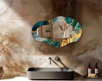 Teal Gold Asymmetrical Wall Mirror, Irregular Modern Statement Mirror Wall Decor, Elegant Coastal Entryway Bathroom Mirror
