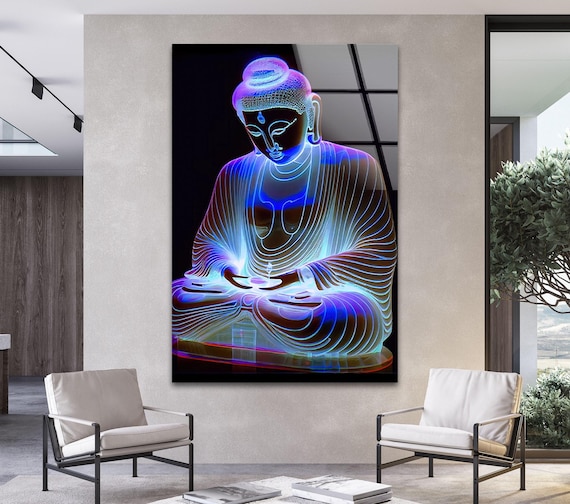 Neon Buddha Glass Wall Art, Modern Wall Art, Unique Wall Art
