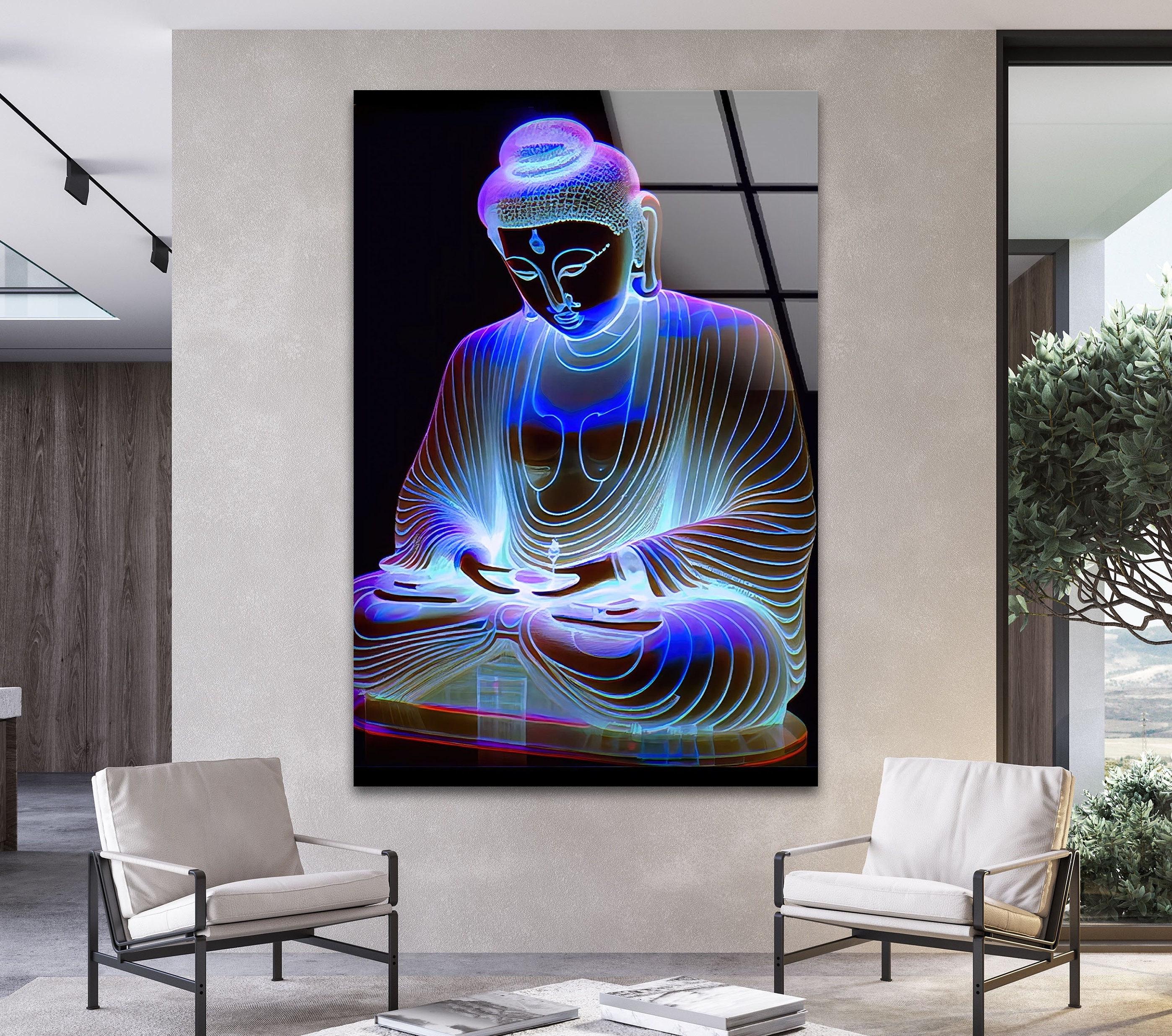 Neon Buddha Glass Wall Art, Modern Wall Art, Unique Wall Art