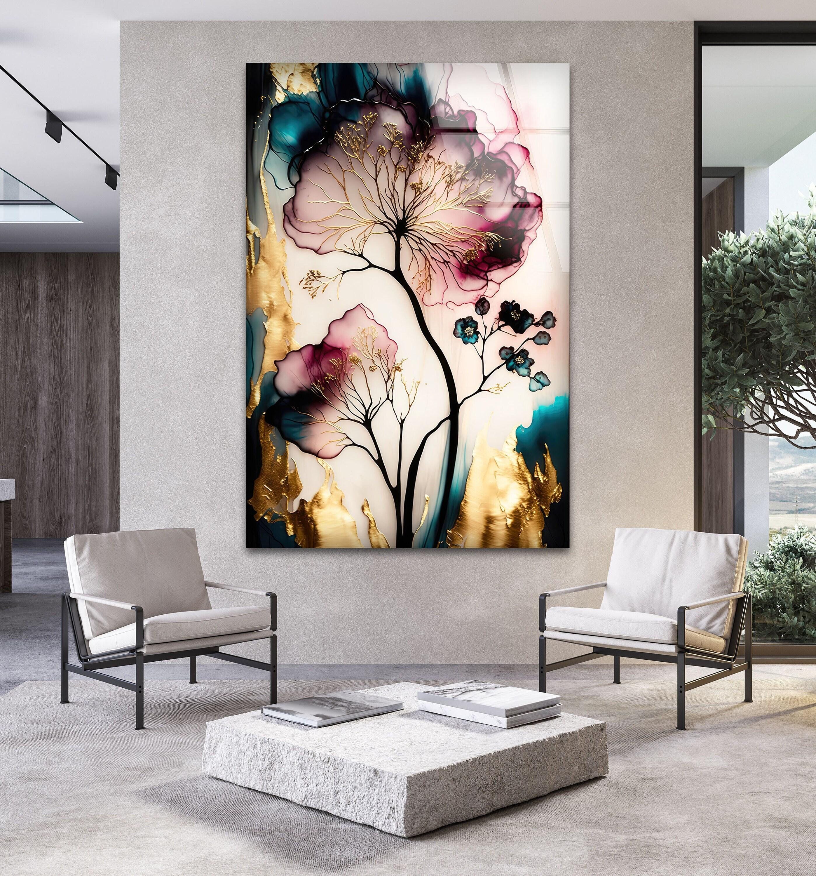 Abstract Floral Glass Wall Art, Modern Flower Glass Art, Gold Nature Glass Artwork, Luxury Large Flower Statement Glass Wrinting Wall Art