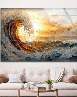 Sunset Ocean Wave Tempered Glass Wall Art, Golden Surf Seascape