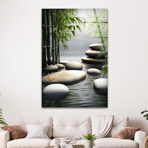 Arte de pared de vidrio con bambú zen y piedras apiladas, decoración de baño de spa, impresión de naturaleza con meditación tranquila, decoración de pared relajante y de bienestar.